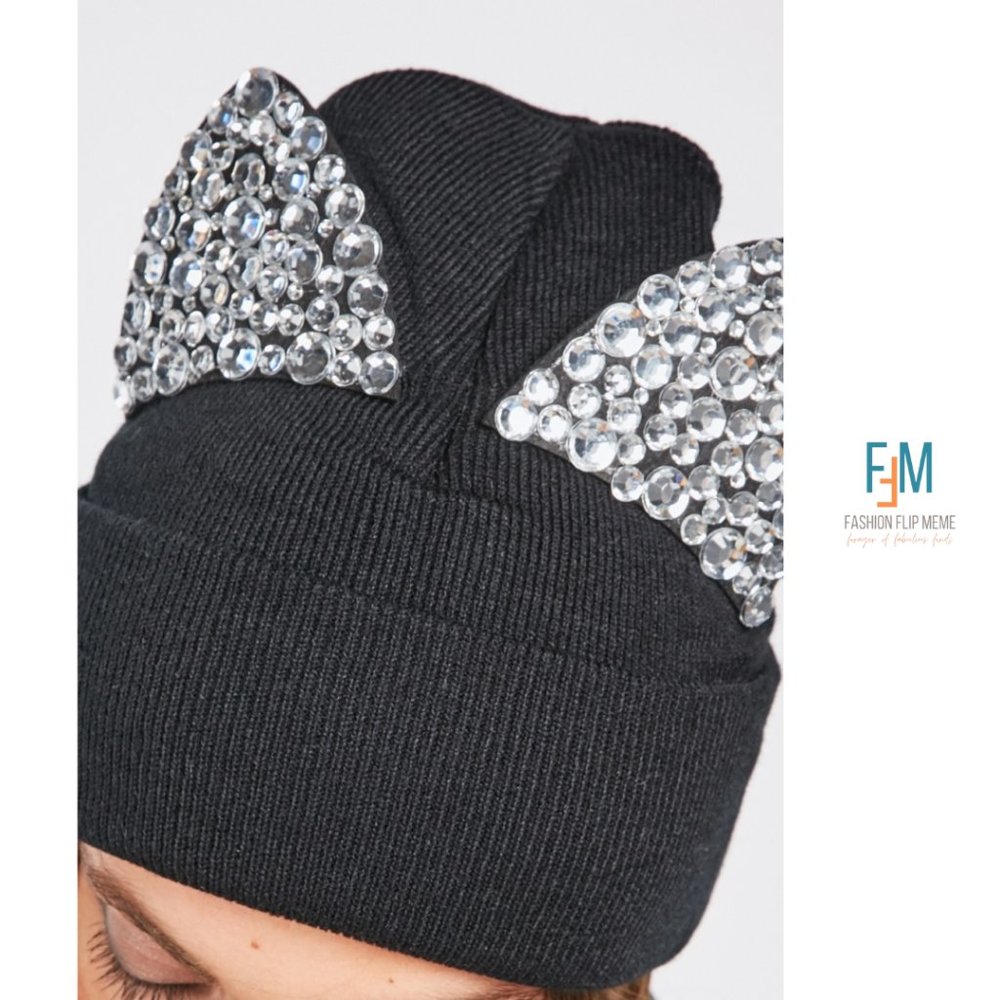 New! Black Knit Beanie With Jeweled Cat Ears Crystal Cat Ear Skull Cap Hat NWOT